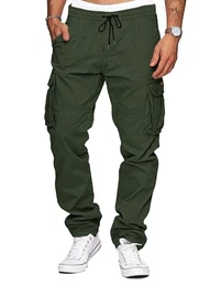 Herren Cargohose Baumwolle Baggy Hose Herren Kordelzug Outdoorhose Stretch Chino Männer Modern mit Taschen Armeegrün M