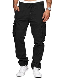 Herren Cargohose Baumwolle Baggy Hose Herren Kordelzug Outdoorhose Stretch Chino Männer Modern mit Taschen Schwarz M