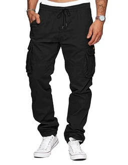 TARAINYA Herren Cargohose Kordelzug Outdoorhose Stretch Chino mit Taschen Schwarz