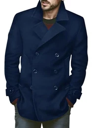 Herren Klassischer Zweireiher Mantel Slim Fit Winterjacken Casual Lange Jacke Warme Business Trenchcoat Dunkelblau Mittel