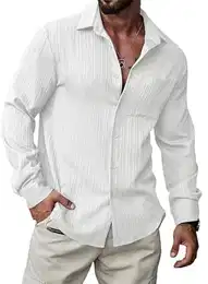 Herren Hemd Langarm Freizeithemden mit Brusttasche Sommer Hemden Strand Leicht Einfarbig Weiß M