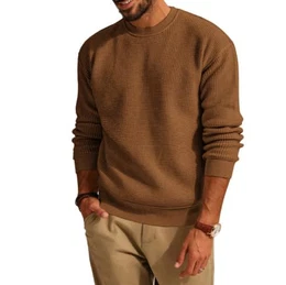 Herren Langarm Strickpullover mit Rundkragen Winterpullover Sweater Braun M
