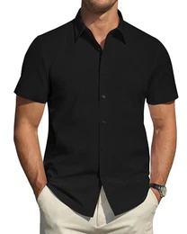 J.VER Hemd Herren Kurzarm Regular Fit Businesshemd Stretch Hemden Bügelfrei Männer Club Shirt Büro Arbeit Oberteil,Schwarz,M