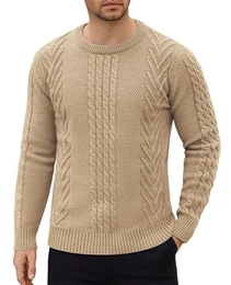 Herren Pullover mit Rundhalsausschnitt Männer Strickpullover Zopfmuster Pullover Winterpullover Herren Rundhals Langarm Pullover Khaki M