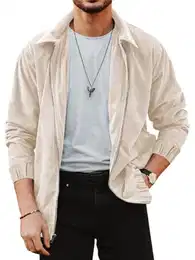 Cord Jacke Herren Casual Lightweight Sport Jacke Langarm Vintage Einfarbige Übergangsjacke mit Reißverschlüsse,Beige,L