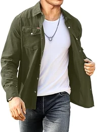 Cord Hemd Herren Hemdjacke Hemden Langarm Button Placke Langarm Regular Fit Casual Grün L