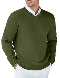 Strickpullover mit V Ausschnitt Herren Pullover Langarm Sweater Männer Winterpullover Herren Pulli Armeegrün M