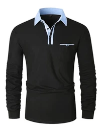 Poloshirt Herren Langarm Getäfelt T Shirts Männer Hemd T-Shirt Slim Fit Golf Sports,M,Schwarz-43