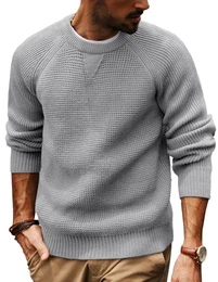 Winter Pullover Herren Rundhalsausschnitt mit Waffel Strickpullover Sweater M Grau
