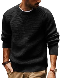 Winter Pullover Herren Rundhalsausschnitt mit Waffel Strickpullover Sweater M Schwarz