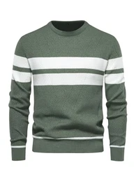 Herren Pullover Lässig Farbe Block Rundhalsausschnitt Gestreifter Strickpullover Langarm Tägliches Tragen Top Armeegrün M