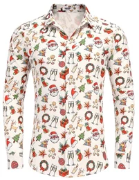 Herren Weihnachts Hemd 3D Druck Weihnachtshemd Lustige Funky Hemden Print Hemd Weihnachten Muster Christmas Hemd Langarmhemd Weihnachten Party Weihnachten Weiß M