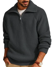Troyer Herren Strickpullover Half Zip Winter Pullover V Ausschnitt Stehkragen Arbeitspullover M Dunkelgrau