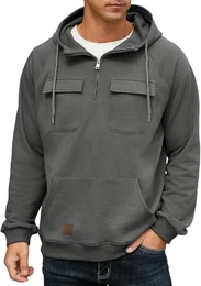 Herren Cargo Hoodie Viertelreißverschluss Sweatshirt Taktischer Pullover Lässiger Gym Sportlicher Loser Kapuzenpullover (Dunkelgrau, M)