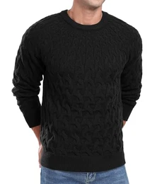Herren Strickpullover Zopfmuster Rundhals Pullover Pulli Herren Casual Langarm Sweater mit Geripptem Saum(Schwarz, M)