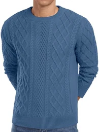 Strickpullover Herren Zopfmuster Pullover Pulli Herren Rundhals Langarm Casual Sweater mit Geripptem Saum(Blau, L