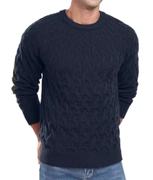 Herren Strickpullover Zopfmuster Rundhals Pullover Pulli Herren Casual Langarm Sweater mit Geripptem Saum(Marineblau, L)