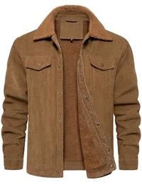 Cordjacke Herren Gefüttert mit Mehreren Taschen, Warme Winterjacke mit Teddyfell, Durchgehender Knopfverschluss