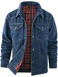 Jeansjacke Herren Western Sommerjacke Cowboy Übergangsjacke Karierte Flanellfutter Denim Trucker Jacken mit Druckknopf 3270 Dark Blue M
