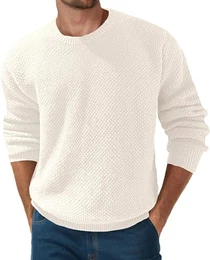 Herren Pullover Rundhals Waffel Langarm Pulli Strickpullover mit Waffelmuster Regular Fit Winter Pullover(Weiß, M)