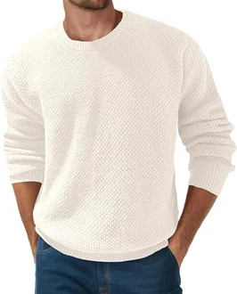QIXING Herren Pullover Rundhals Waffel Langarm Regular Fit Winter