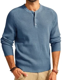 Business Pullover Herren mit Rundhals Strickpullover Henley Kragen Winterpullover Blaugrau M