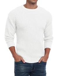 Herren Rundhals Pullover Waffel Langarm Pulli Klassischer Strickpullover mit Waffelmuster Regular Fit Winter Pullover(Weiß, M)
