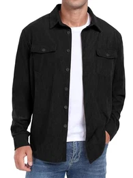 Herren Cordhemd Langarm Button Down Freizeithemd Regular Fit Jacke Herbst Winter Mantel mit Klappentaschen (Schwarz, M)
