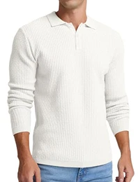 Herren Strickpullover Mit Polokragen Pullover Männer Langarmshirt Knopfleiste Freizeit Pulli Basic Poloshirt (Weiß, M)