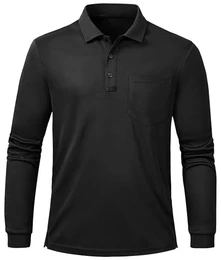 Langarm Poloshirt Herren Golf Shirt Schnell Trocknendes Polo T-Shirt Sport Tennis Polo Tops mit Tasche Schwarz,L