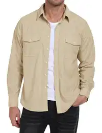Cordhemd Herren Langarm Freizeithemd Knop Hemdjacke Casual Arbeitshemd Button Up Winterhemd mit Klappentaschen Khaki EU M