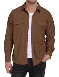 Cordhemd Herren Langarm Freizeithemd Knop Hemdjacke Casual Arbeitshemd Button Up Winterhemd mit Klappentaschen Braun EU M