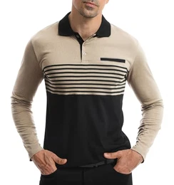 Herren Poloshirt Langarm Polo mit lässigem Kragen Langarmshirt Freizeit Schlieren Kontrastfarbe Langarm Polohemd