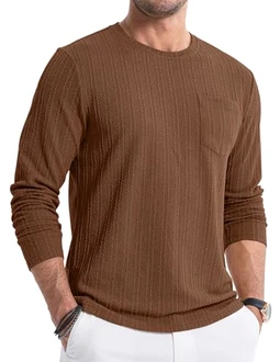 JMIERR Herren Pullover Langarmshirt Rundhals T-Shirts Longshirt Basic Solid (Mit Tasche) Braun