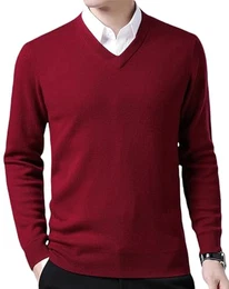 FULIER Herren V-Ausschnitt Pullover Kaschmir Gestrickt Pullunder Casual Langarm Strickjacken Basic Sweatshirt Winter Pullover (Wein,M)