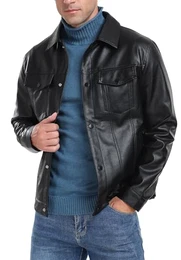 Herren Leather Jacket Reverskragen Motorradjacke Druckknopf Kunstlederjacke Bomberjacken Mantel (Schwarz, M)