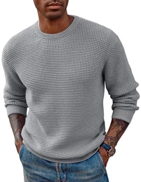 Herrenpullover Rundhals Strickpullover Waffelmuster Winterpullover Sweater Langarm Hellgrau M