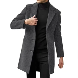 Mantel Herren Lange Jacke Wintermantel Slim Fit Casual Wollmantel Herrenmantel Winter Warme Kerbkragen mit Knopfleiste Trenchcoat Oberbekleidung Schwarz Einreiher Business Outfit Coat