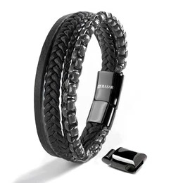 Herrenarmband Leder 23cm Schwarz Männer Armband Armreif Herren Lederband Herrenarmreif Armschmuck Schmuck Armkette Flecht Wickelarmband Kette