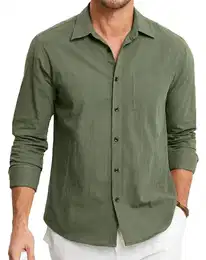 Leinenhemd Herren Leinen Hemd Langarm Freizeithemd Sommer Leinenshirt Casual Regular Fit Shirt Grün M