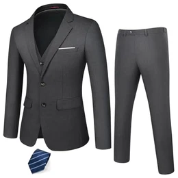 Herren Anzüge 3-teilig Slim Fit Einreihig Zwei Knöpfe für Hochzeit Business Herren 3-Stücke Formell Sakko Weste Hose mit Krawatte(Dunkelgrau,M)