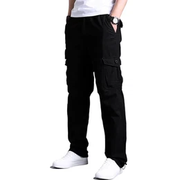 Cargohose Herren aus Baumwolle Cargo Hose mit 7 Taschen Elastische Taille Freizeithose Schwarz M