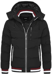 . Herren warme Winterjacke mit abnehmbarer Kapuze Kurze Steppjacke Outdoorjacke Jacket Puffer-Jacke OR_1214-Black-Red-M