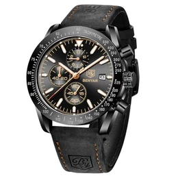 BENYAR Uhren Herren Chronograph Analog Quarz Schwarz Lederarmband Armbanduhr Herren Wasserdicht Leuchtende Datum Herrenuhr Mode Lässig Sport Business-Kleid Uhren fur Männer Elegantes Geschenk
