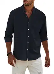 Hemd Herren Leinenhemd Langarm Freizeithemd Leinen Shirts Casual Langarmhemd Baumwolle Western Hemden Sommer Herbst Frühling Blau M