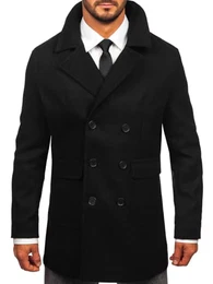 Herren Wintermantel Lang Zweireihiger Mantel mit Hochkragen Winterjacke Wollmantel Stehkragen Warme Gefüttert Winter Langmantel Slim Fit Business Elegant J.STYLE 11Z8215 Schwarz M [4D4]