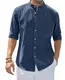 siliteelon Sommerhemd für Herren Stehkragen Langarm Strandhemd Bequem Leinenhemd Freizeit Wochenende Party Raves Shirts Marineblau M