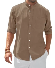 Stehkragenhemd Langarm Sommer Linenshirt Camp Freizeithemd Strandurlaub Ausflugs Date Herrenhemden mit Taschen Khaki XL