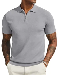 Herren Strick Poloshirt Sommer Poloshirts für Herren Kurzarm Stretch Golf Polo Shirt mit Reißverschluss Einfarbig Männer Polohemd T-Shirt Grau M