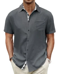 Herren Kurzarm Hemd Baumwolle Button Down Freizeithemden Sommer Strand Regular Fit Shirt,Dunkelgrau,M